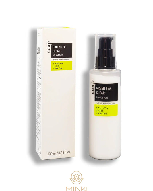 COXIR Green Tea Clear Emulsion en su envase junto a la caja original