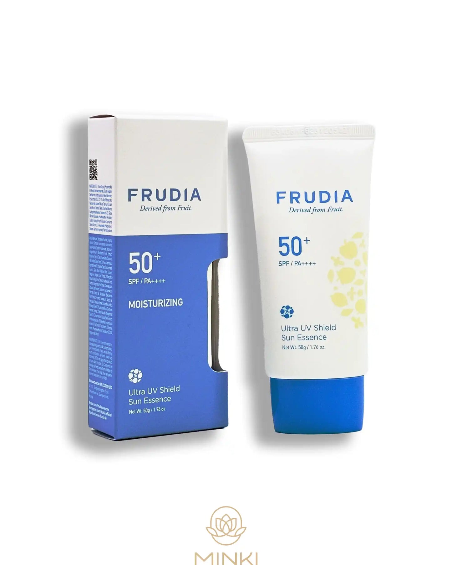 FRUDIA Ultra UV Shield Sun Essence SPF50+/PA++++ en su envase junto a la caja original