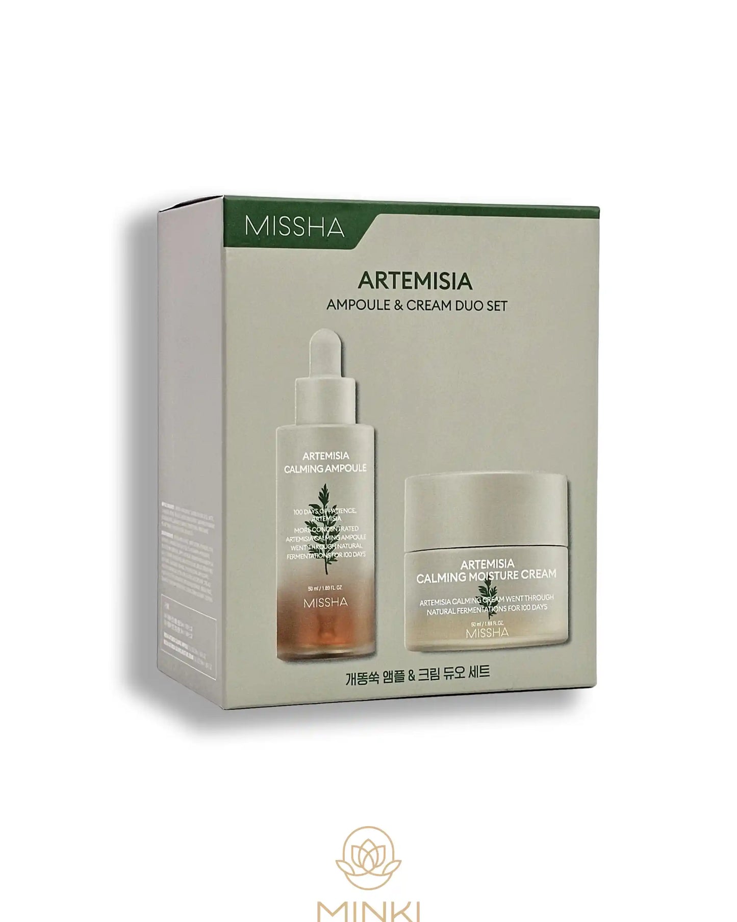 Caja del MISSHA Artemisia Ampoule & Cream Duo Set, con la ampolla y la crema calmantes impresas en el frontal