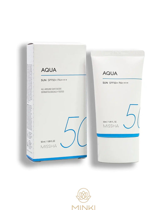 MISSHA All-Around Safe Block Aqua Sun SPF50+/PA++++ en su envase junto a la caja original