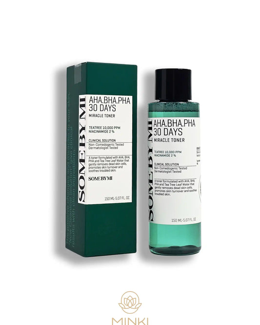 SOME BY MI AHA. BHA. PHA 30 Days Miracle Toner en su envase junto a la caja original