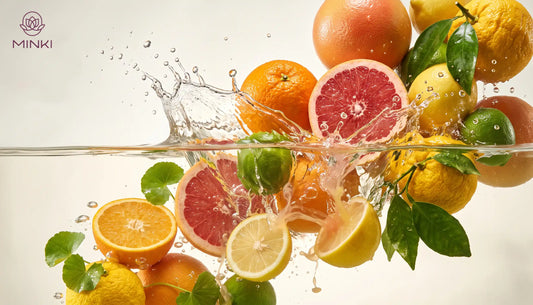 Naranjas, pomelos, limones y yuja salpicando en agua: cítricos ricos en vitamina C, el activo iluminador de la cosmética coreana