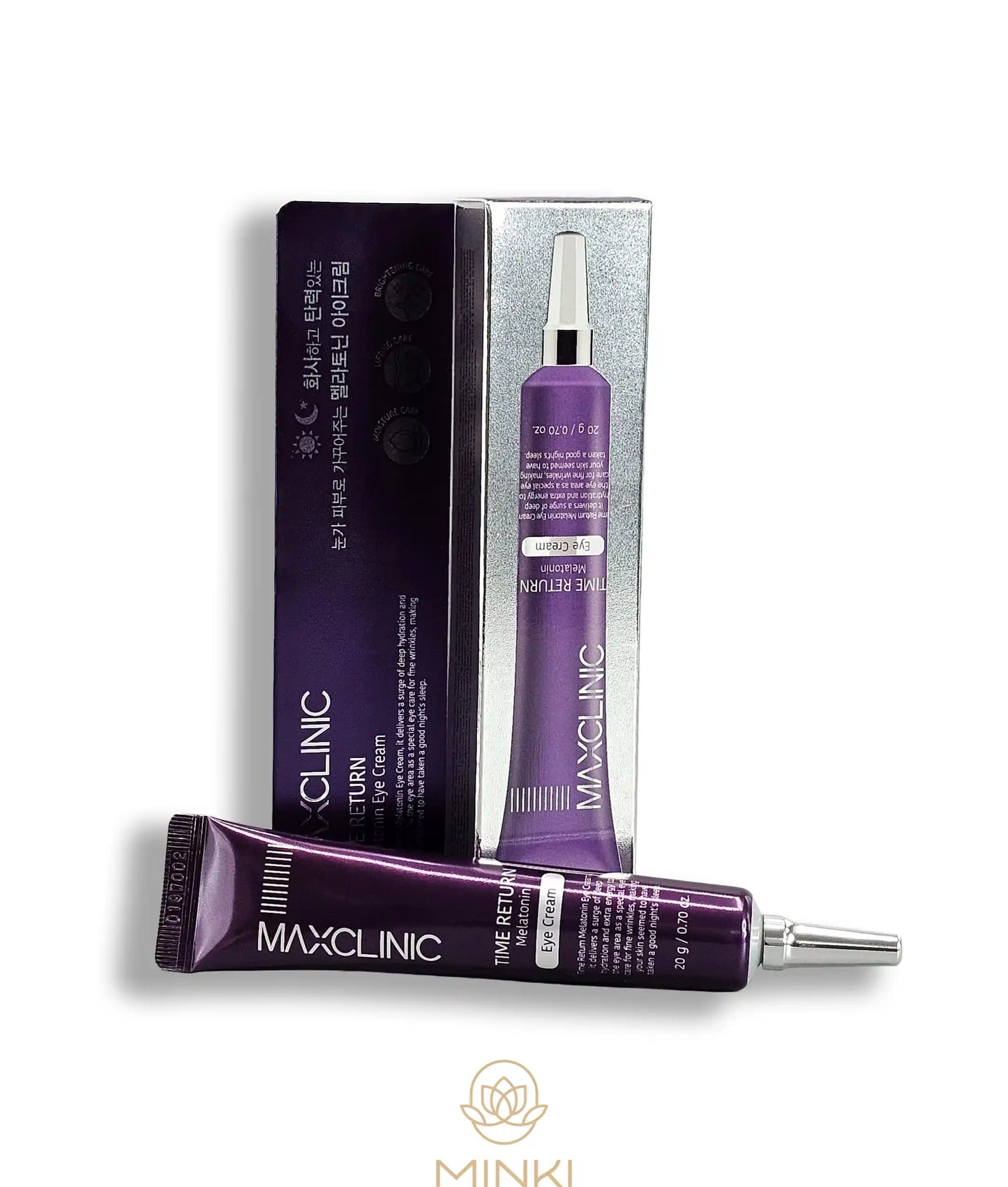 MAXCLINIC Time Return Melatonin Eye Cream en su envase junto a la caja original