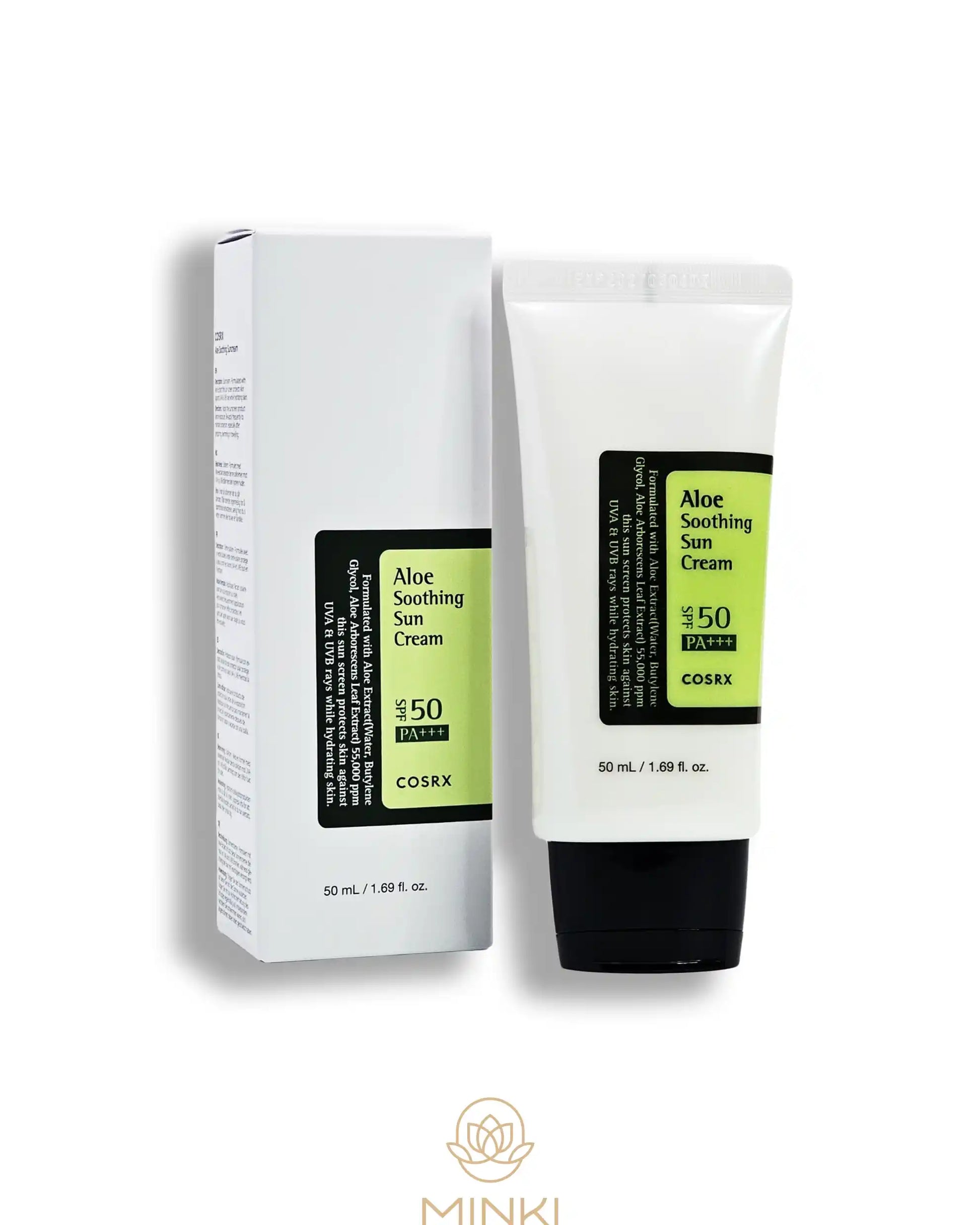 COSRX Aloe Soothing Sun Cream SPF50+/PA+++ en su envase junto a la caja original