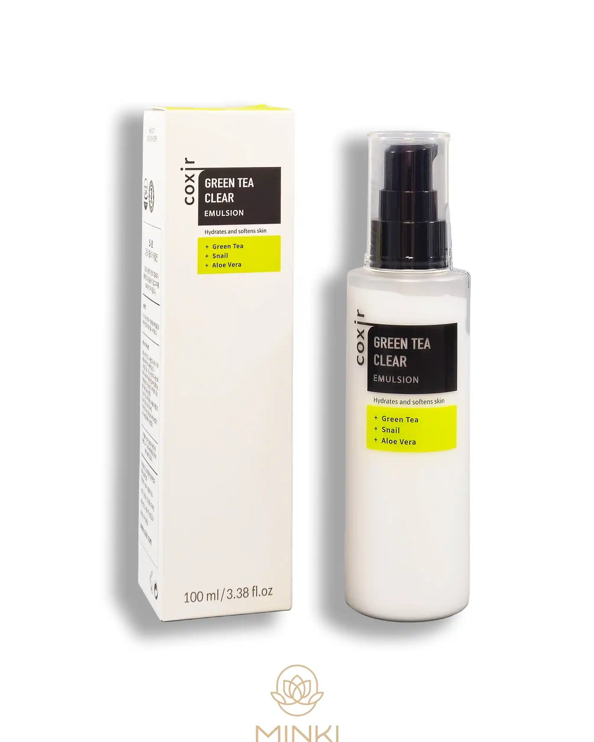 COXIR Green Tea Clear Emulsion en su envase junto a la caja original
