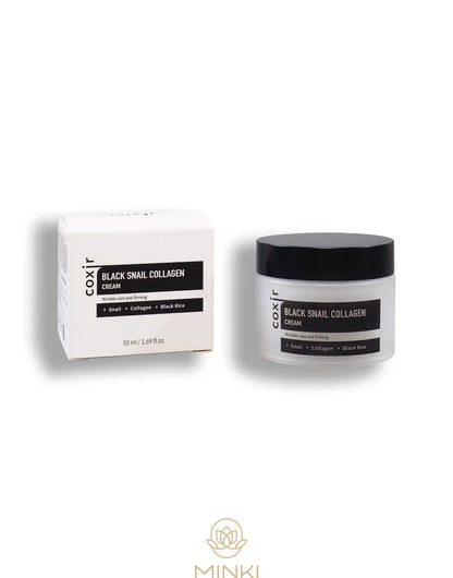 COXIR Black Snail Collagen Cream en su envase junto a la caja original