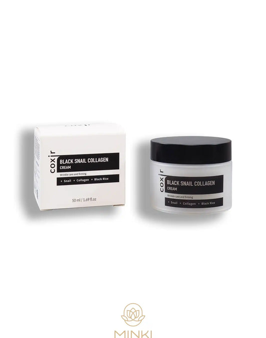 COXIR Black Snail Collagen Cream en su envase junto a la caja original
