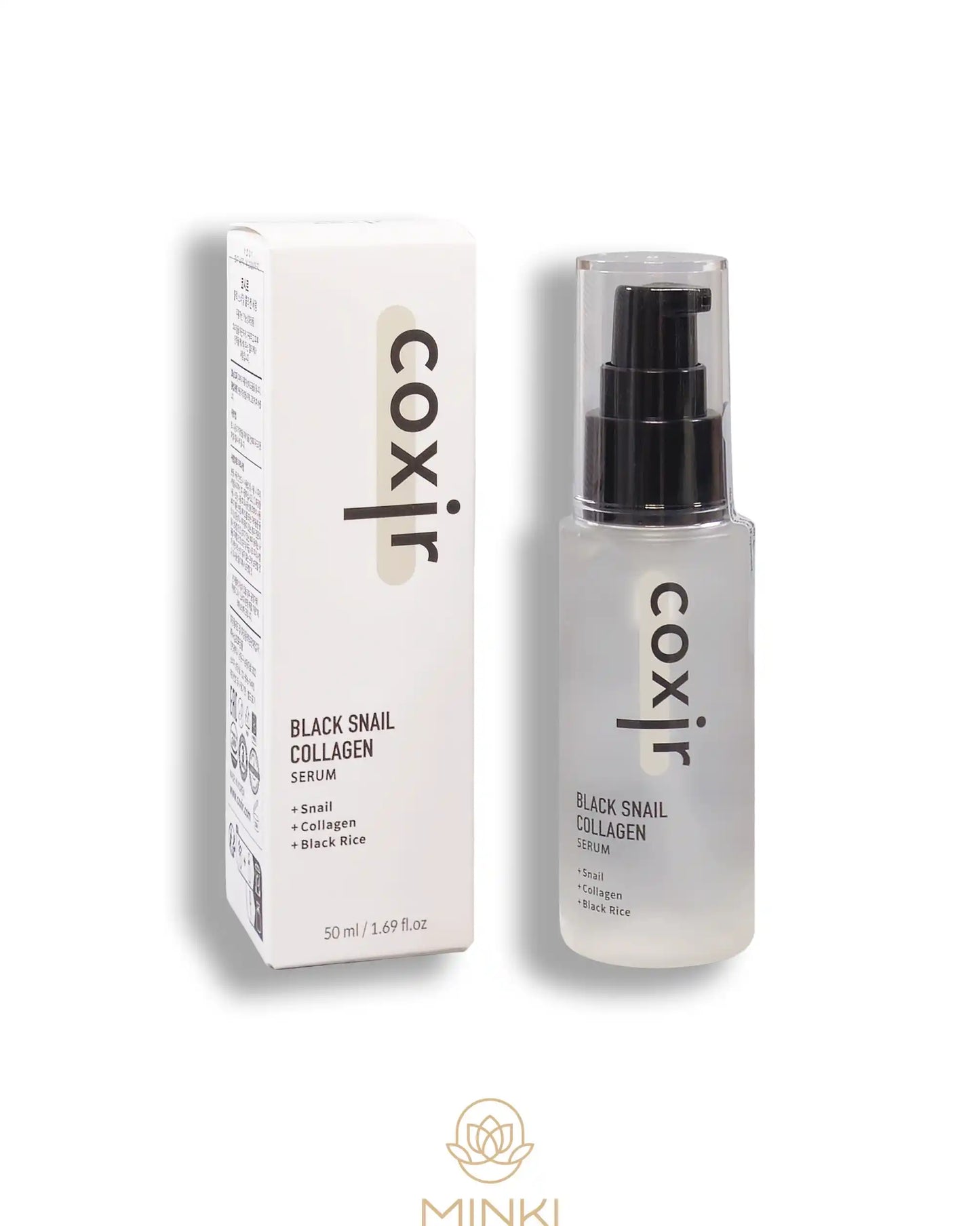 COXIR Black Snail Collagen Serum en su envase junto a la caja original