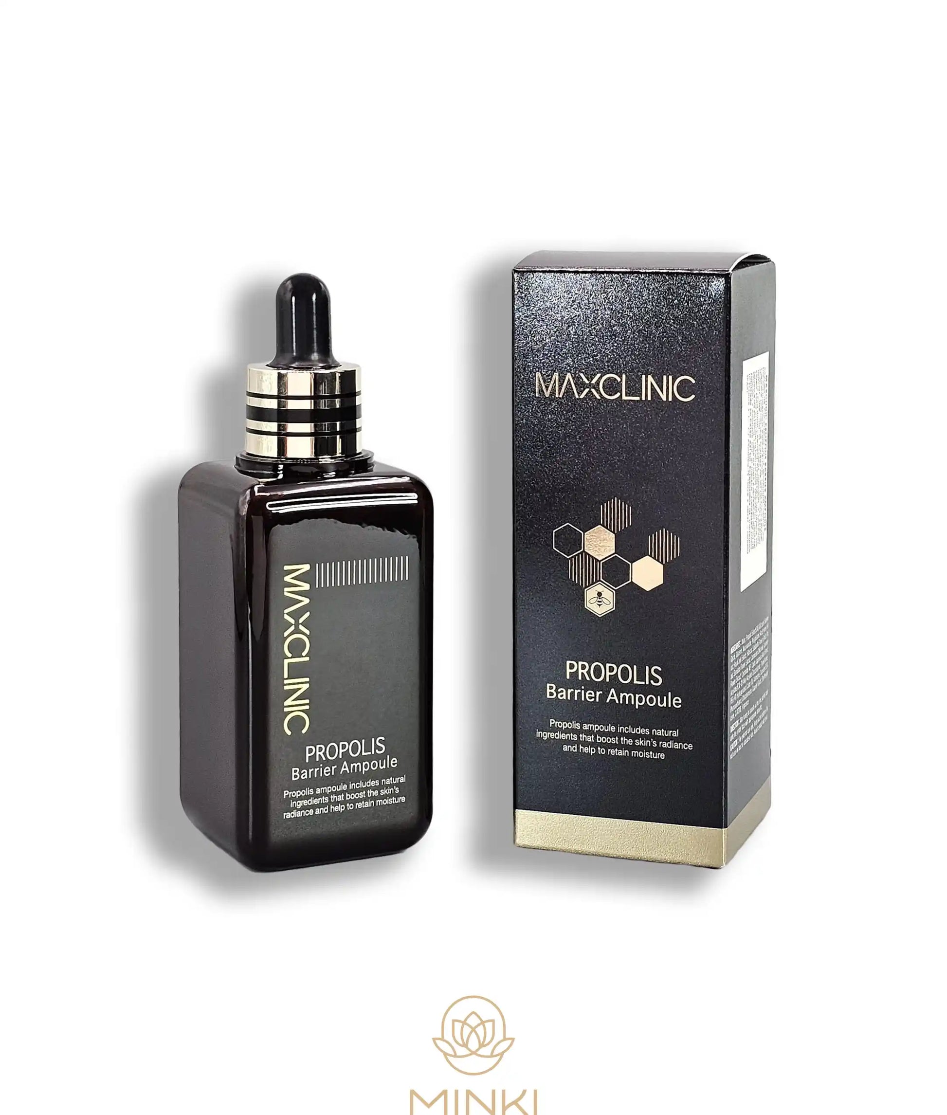 MAXCLINIC Propolis Barrier Ampoule en su envase junto a la caja original