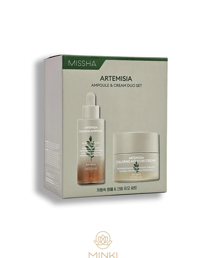 Caja del MISSHA Artemisia Ampoule & Cream Duo Set, con la ampolla y la crema calmantes impresas en el frontal