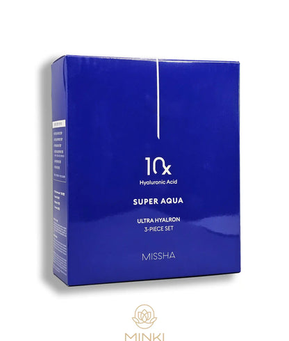 Caja azul del MISSHA Super Aqua Ultra Hyalron, set de tres piezas con ácido hialurónico