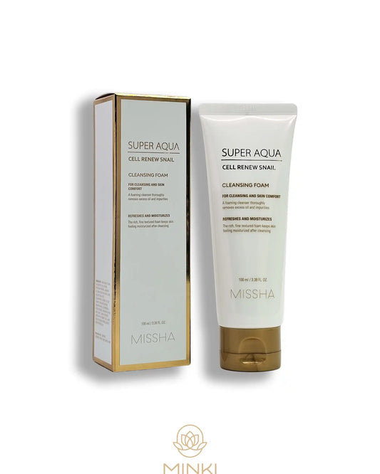 MISSHA Super Aqua Cell Renew Snail Cleansing Foam en su envase junto a la caja original