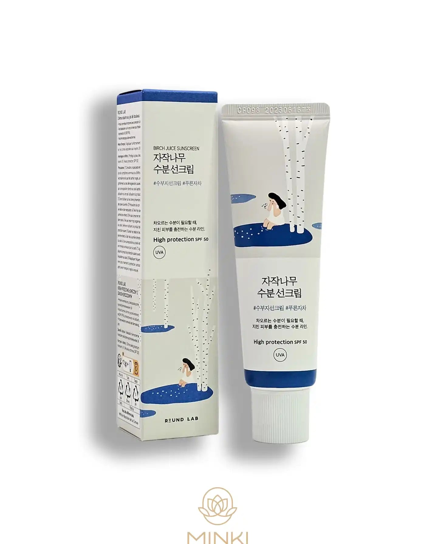 ROUND LAB Birch Juice Sun Protector SPF50+/PA++++ en su envase junto a la caja original