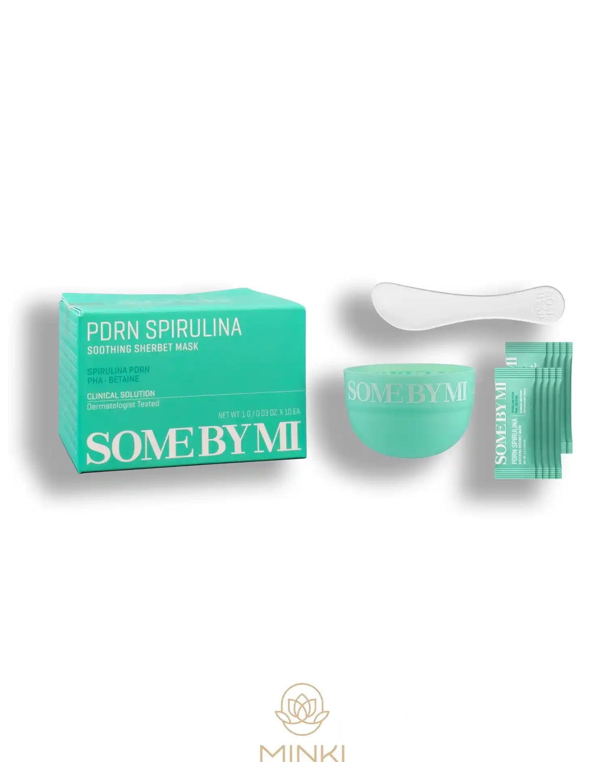 SOME BY MI Spirulina PDRN Soothing Relief Sherbet Mask en su envase junto a la caja original