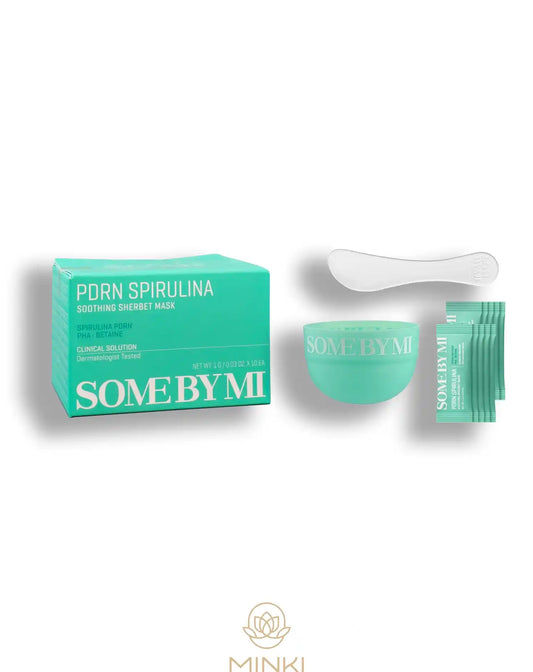 SOME BY MI Spirulina PDRN Soothing Relief Sherbet Mask en su envase junto a la caja original