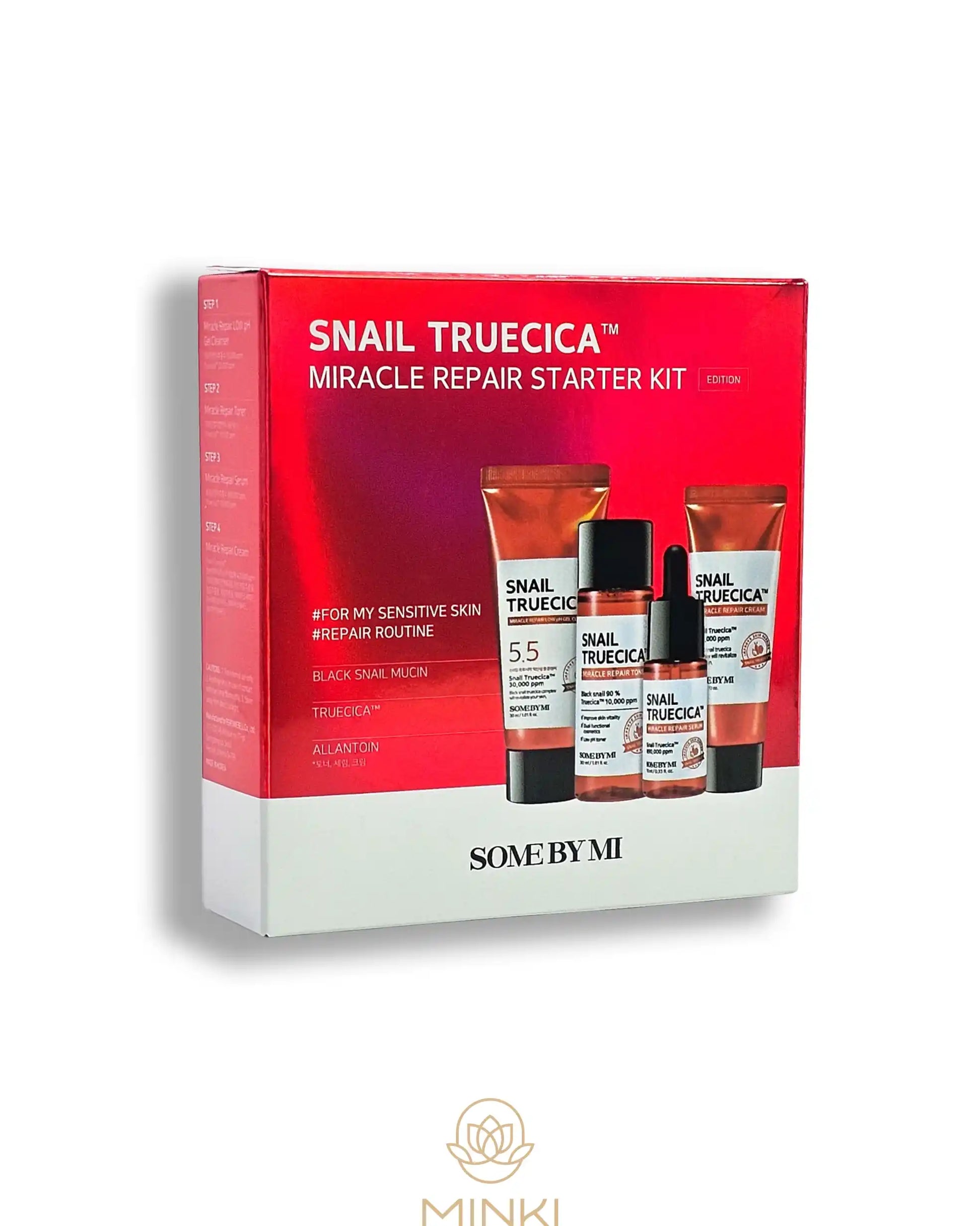 Caja del SOME BY MI Snail TrueCICA Miracle Repair Starter Kit, con los cuatro productos en tamaño viaje