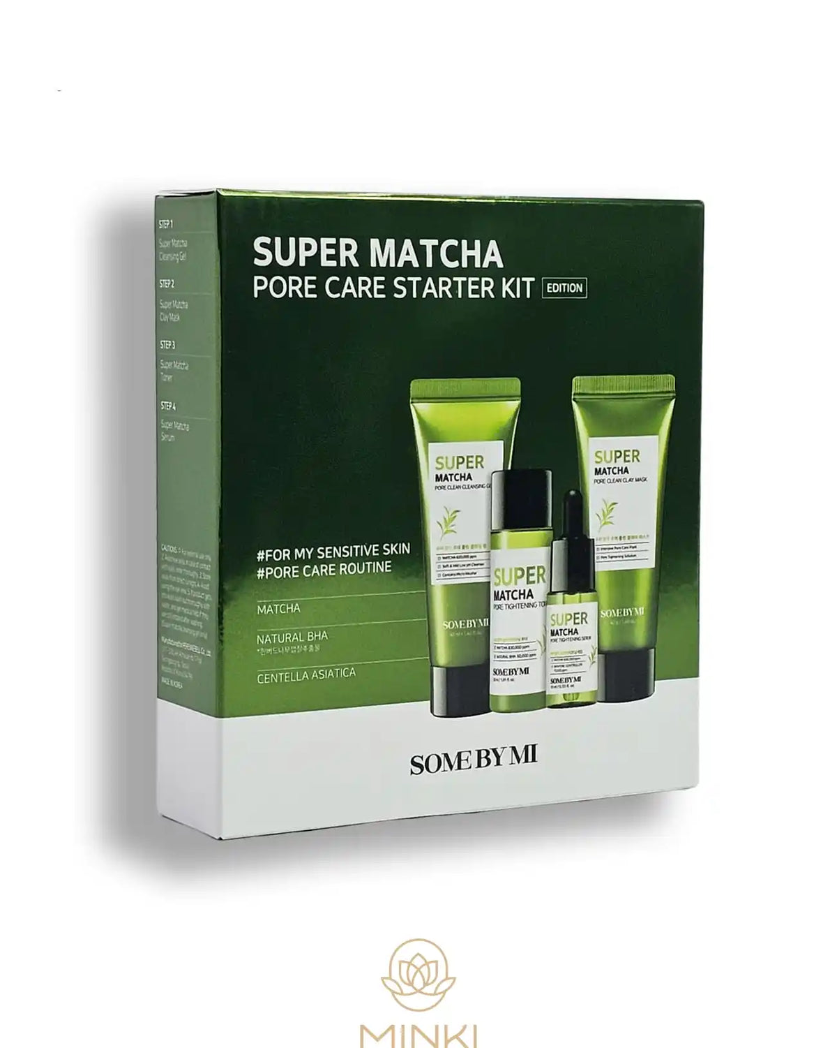 Caja del SOME BY MI Super Matcha Pore Care Starter Kit, con los cuatro productos en tamaño viaje