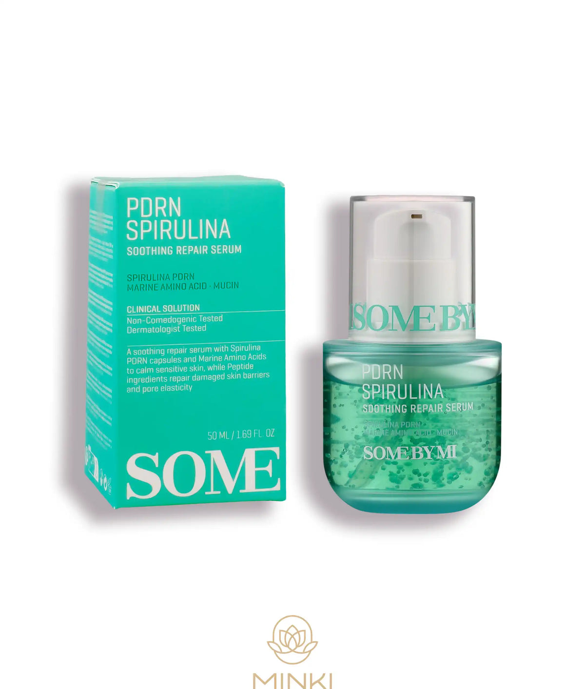 SOME BY MI Spirulina PDRN Soothing Relief Serum en su envase junto a la caja original