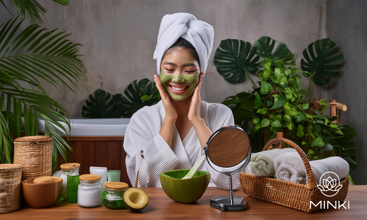 chica coreana poniéndose una mascarilla en el baño
