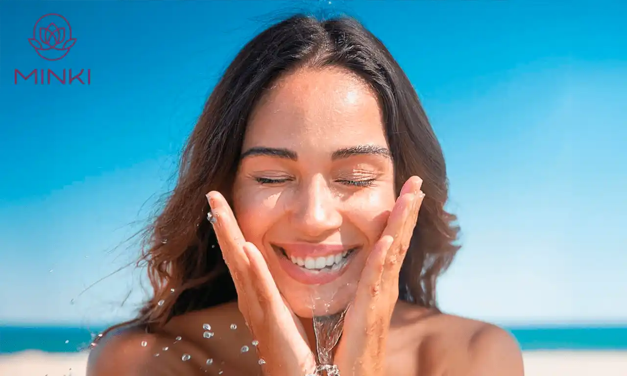 Mujer sonriendo mientras se toca la cara tras recuperar la piel después del verano