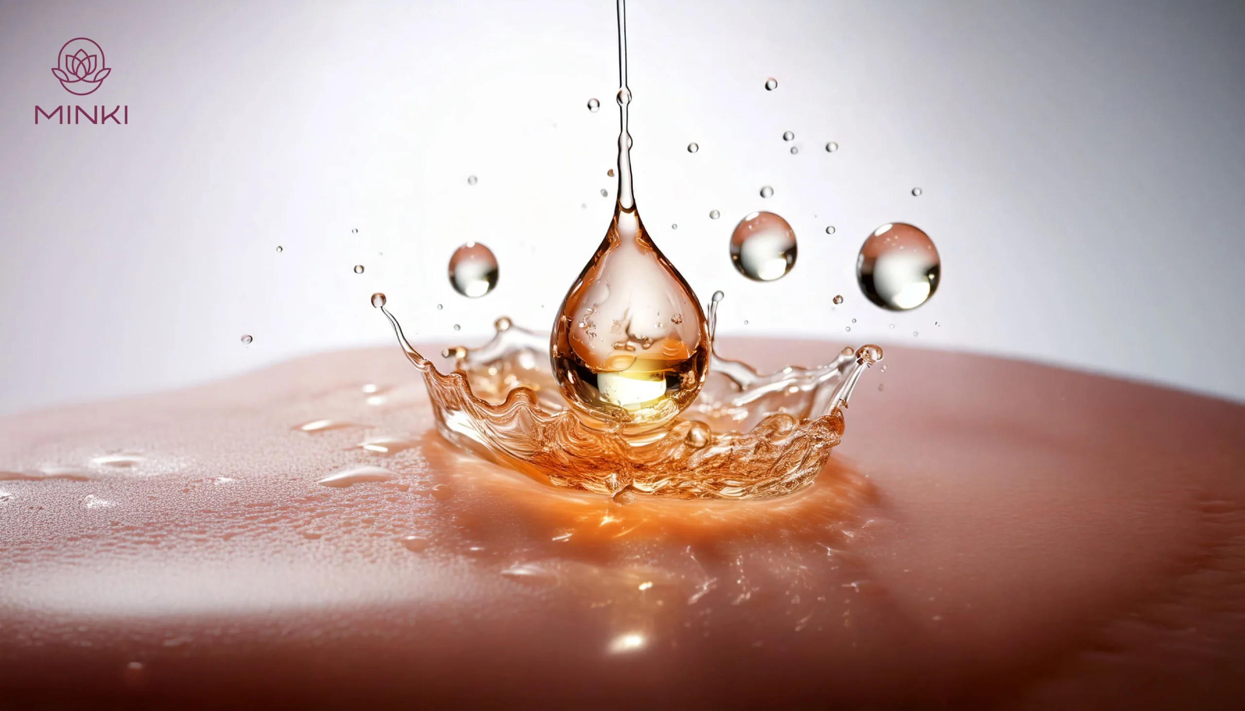Una gota de péptidos de textura acuosa cayendo sobre la piel